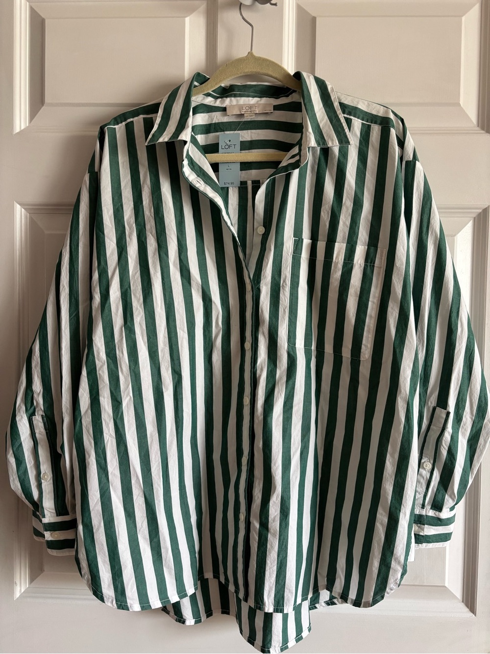 LOFT Green & White Striped Button-Down Shirt